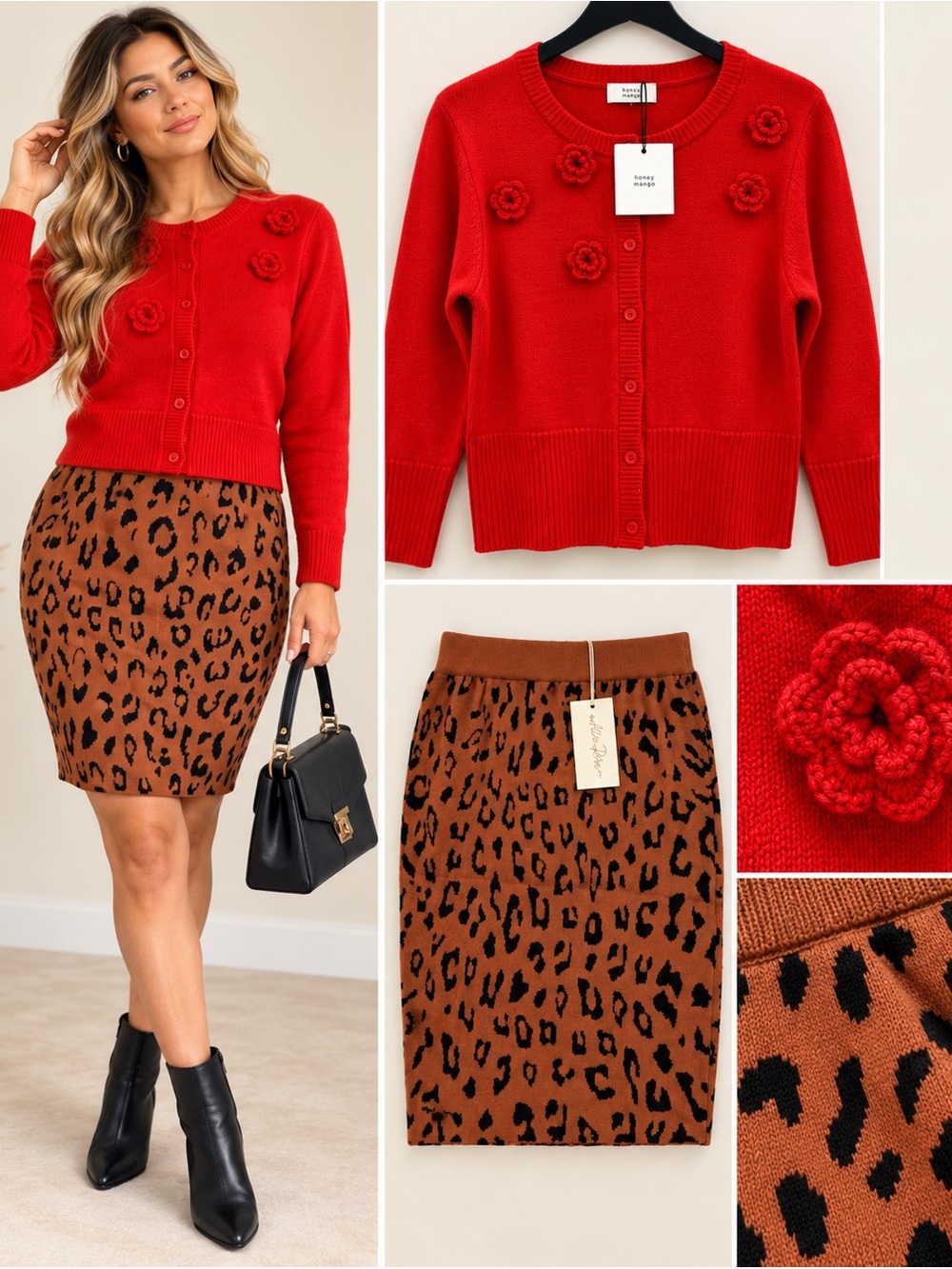 Honey Mango Red Floral Cardigan L + Allie Rose Leopard Skirt M NWT Bundle